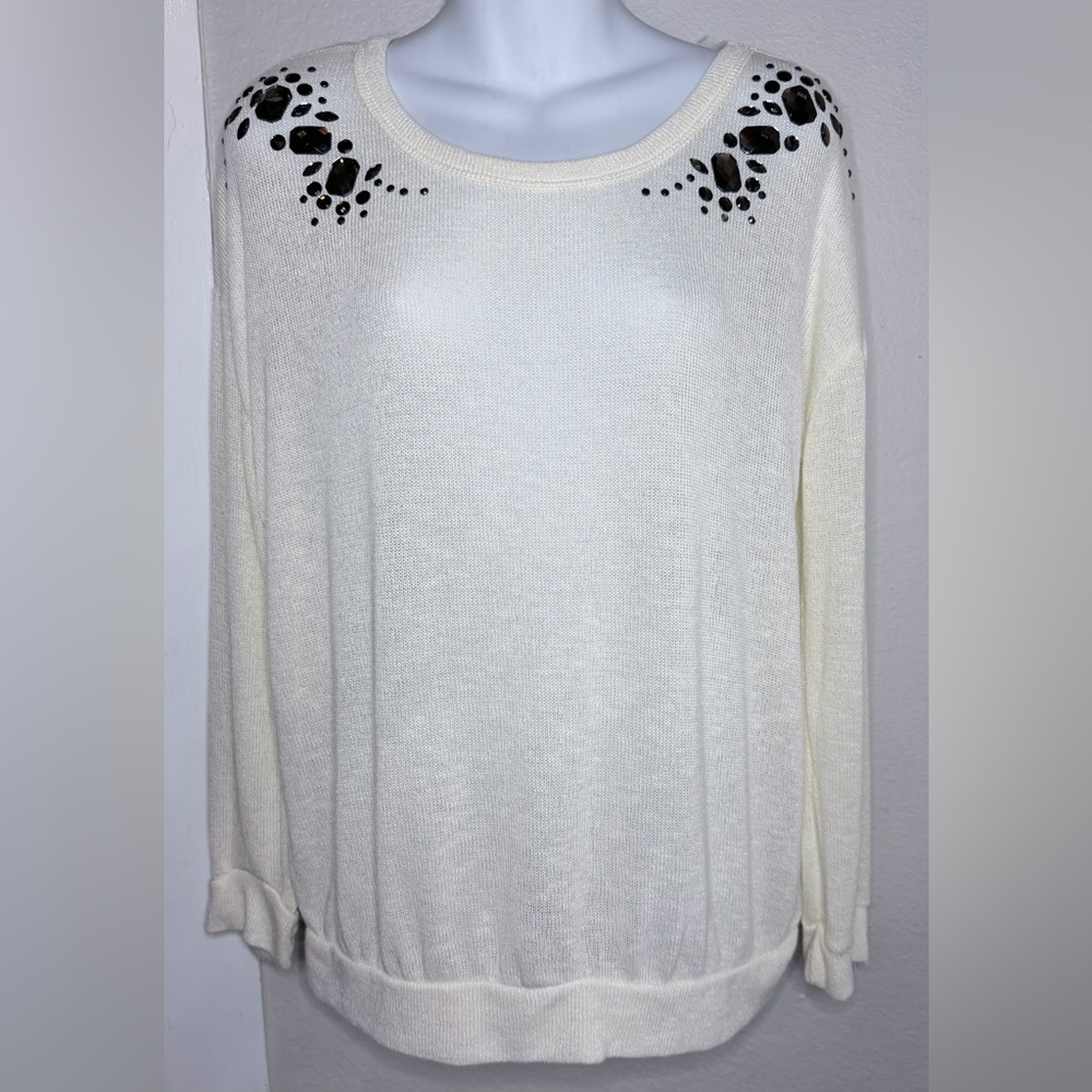 NWT JW Style Cream Lightweight Knit Sweater Black Jewel Embellishments XL
